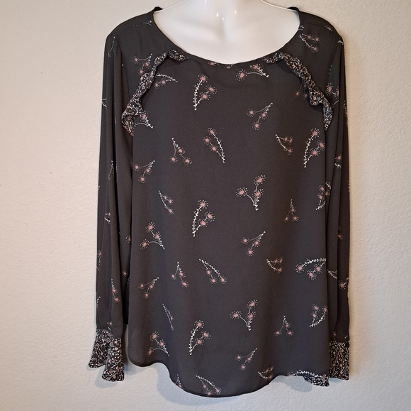 LOFT Outlet charcoal gray and floral blouse. Long Sleeve scoop neck. Size Medium - Picture 1 of 12